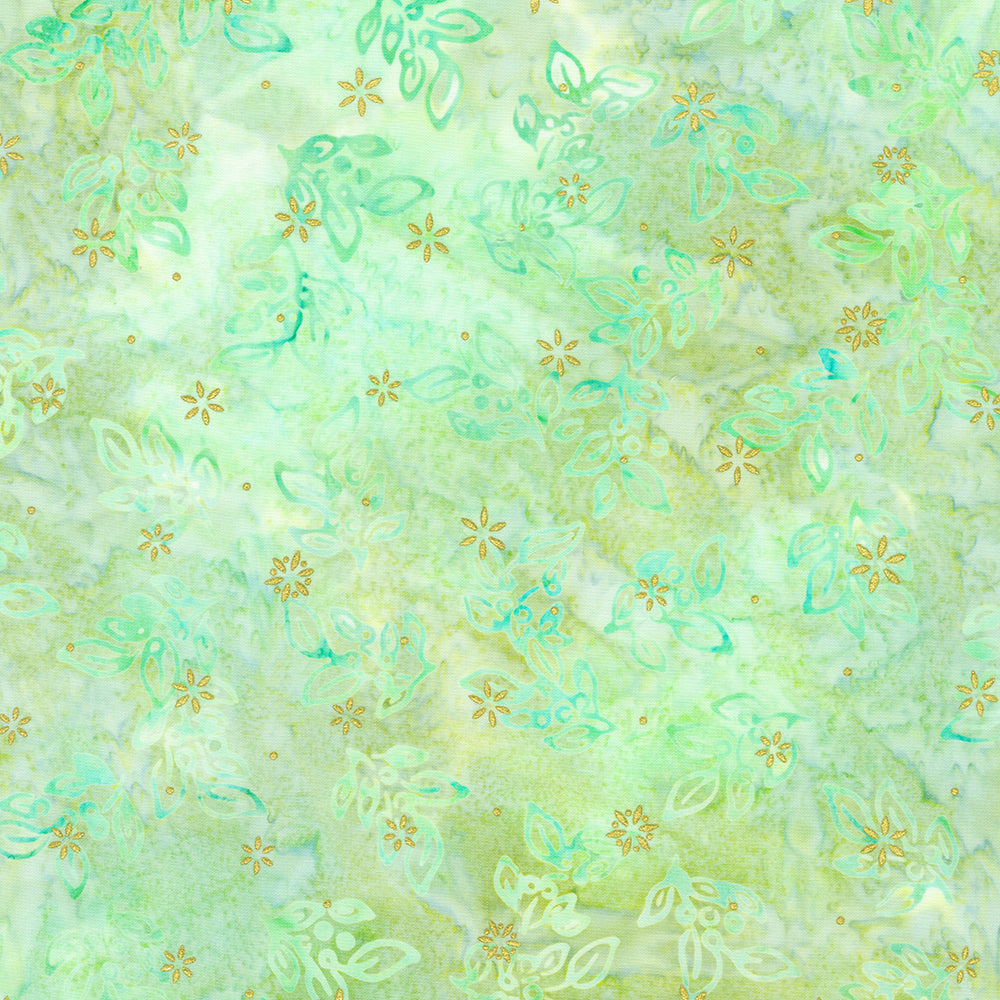Artisan Batiks Twinkle Lights Mistletoe Mint Gold Sparkle Batik Fabric by Lunn Studios for Robert Kaufman – mint green batik with metallic sparkle accents.