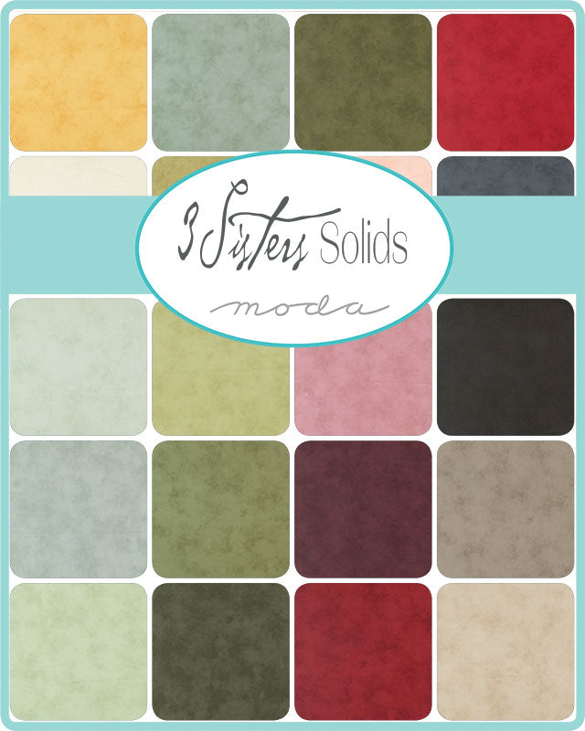 3 Sisters Solids Charm Pack by Moda Fabrics containing 42 assorted 5-inch solid fabric squares.