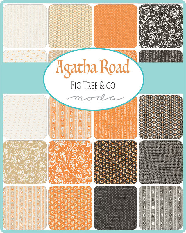 Agatha Road Charm Pack by Fig Tree and Co for Moda Fabrics showing 5 inch precut cotton quilting squares in cream and orange vintage prints