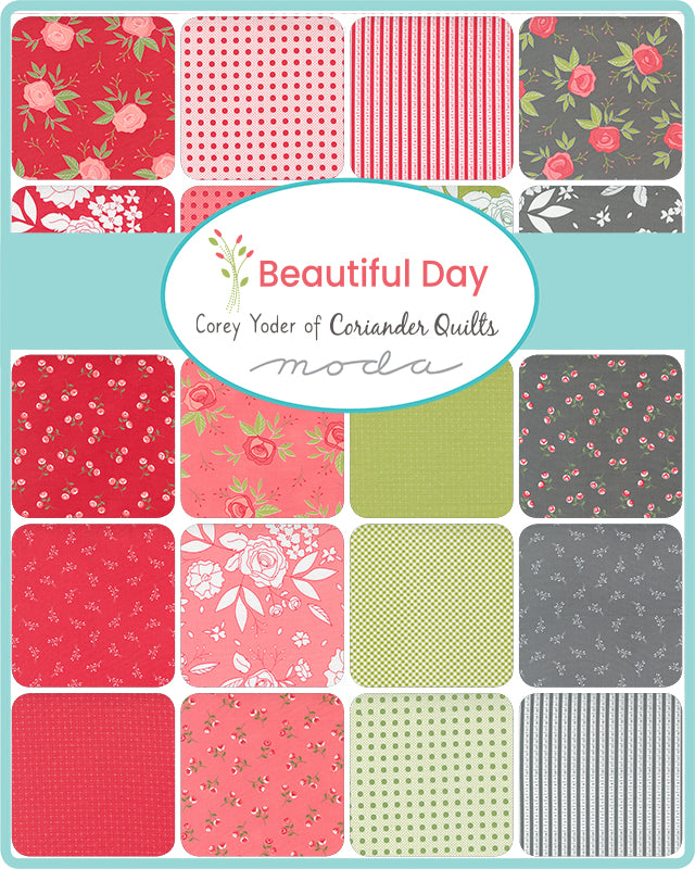 Beautiful Day Charm Pack by Corey Yoder for Moda Fabrics featuring 42 coordinated 5-inch cotton fabric squares with roses, florals, dots, stripes, and fresh spring-inspired prints in coral, pink, green, gray, and white.