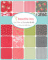 Beautiful Day Charm Pack by Corey Yoder for Moda Fabrics featuring 42 coordinated 5-inch cotton fabric squares with roses, florals, dots, stripes, and fresh spring-inspired prints in coral, pink, green, gray, and white.