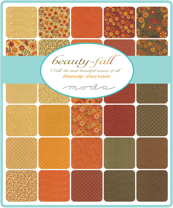 Beauty-Fall Charm Pack by Sandy Gervais for Moda Fabrics featuring 42 coordinated 5-inch cotton fabric squares with autumn florals, leaves, berries, and seasonal prints in warm fall colors.