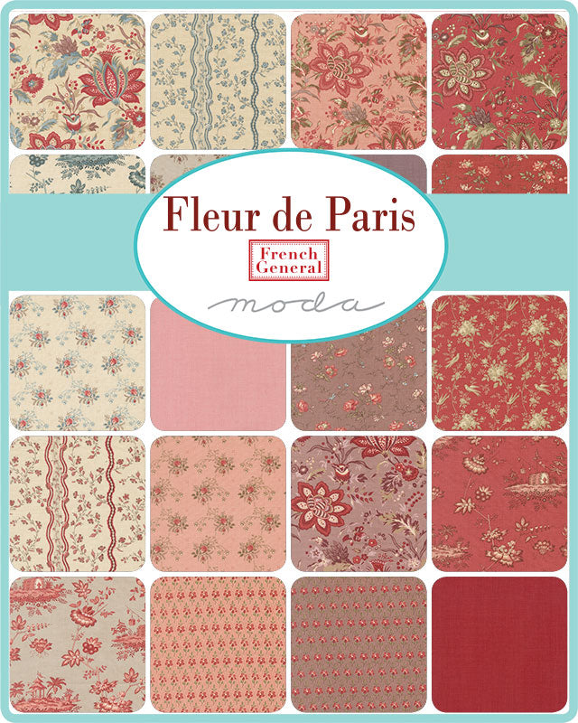 Fleur De Paris Fat Quarter Bundle by French General for Moda Fabrics featuring approximately 34 coordinated premium cotton fat quarters with elegant French-inspired floral and botanical prints.