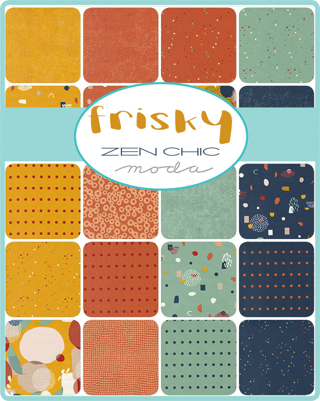 Frisky Charm Pack by Zen Chic for Moda Fabrics featuring 42 coordinated 5-inch cotton fabric squares with modern geometric, abstract, dotted, and textured prints in mustard, coral, teal, navy, cream, and neutral tones.