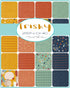 Frisky Charm Pack by Zen Chic for Moda Fabrics featuring 42 coordinated 5-inch cotton fabric squares with modern geometric, abstract, dotted, and textured prints in mustard, coral, teal, navy, cream, and neutral tones.
