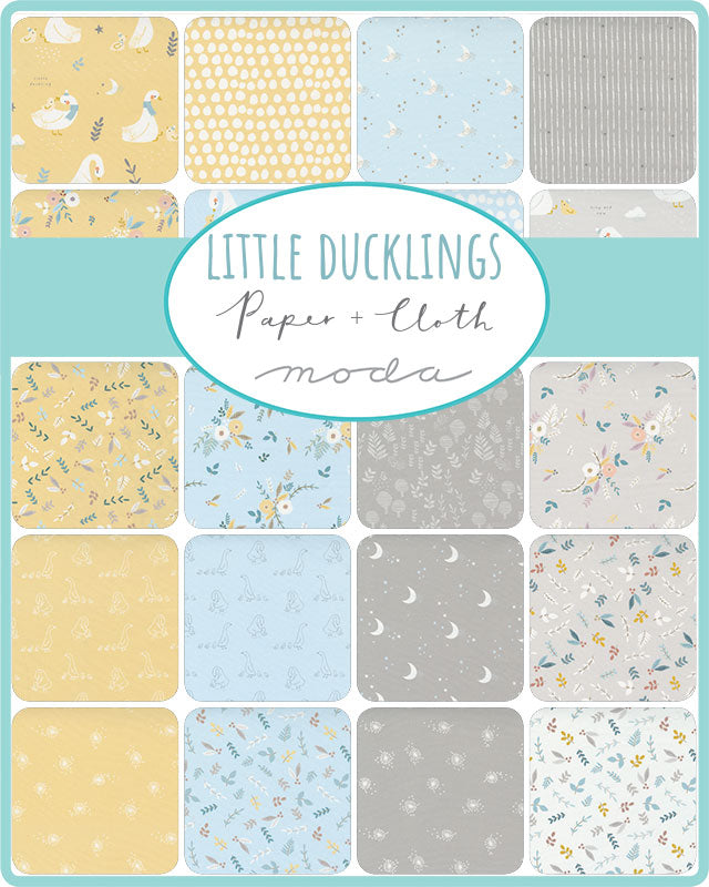 Little Ducklings Mini Charm Pack by Paper + Cloth Design Studios for Moda Fabrics featuring 42 premium 2.5-inch cotton fabric squares with adorable ducklings, florals, moons, dots, and soft nursery colors in yellow, blue, gray, and white.