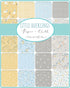 Little Ducklings Mini Charm Pack by Paper + Cloth Design Studios for Moda Fabrics featuring 42 premium 2.5-inch cotton fabric squares with adorable ducklings, florals, moons, dots, and soft nursery colors in yellow, blue, gray, and white.