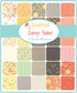 Sundrops Charm Pack by Corey Yoder for Moda Fabrics featuring 42 coordinated 5-inch cotton fabric squares with cheerful florals, leaves, berries, and geometric prints in coral, peach, yellow, green, gray, and white.