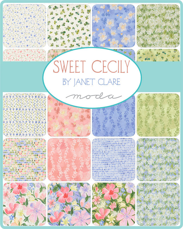 Charm Pack featuring watercolor floral prints from the Sweet Cecily collection by Janet Clare for Moda Fabrics.