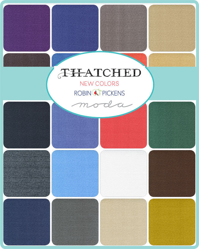Thatched New Colors Charm Pack by Robin Pickens for Moda Fabrics featuring 42 coordinated 5-inch cotton fabric squares with linen-inspired textured prints in vibrant blues, reds, greens, purples, and neutral shades for quilting and sewing.