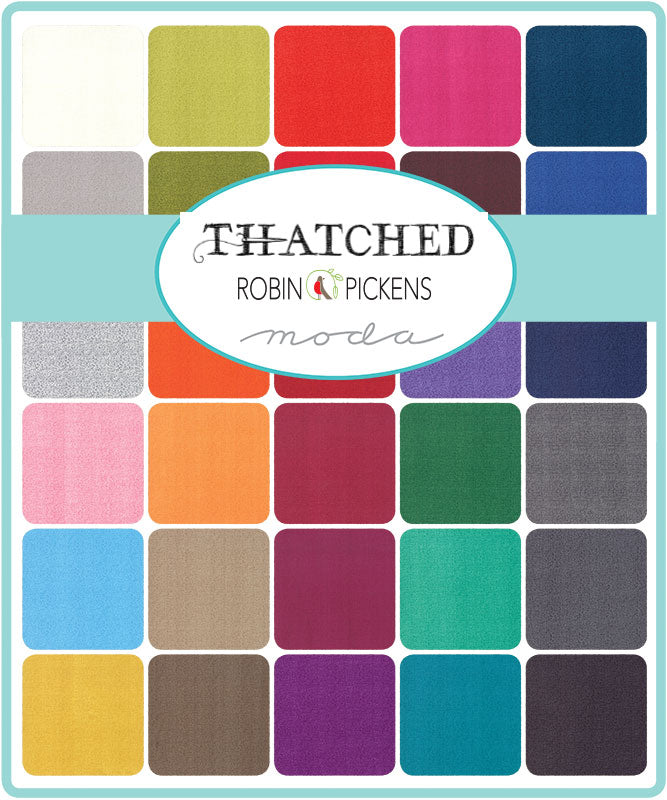 Thatched Charm Pack by Robin Pickens for Moda Fabrics featuring 42 coordinated 5-inch cotton fabric squares with a linen-inspired printed texture in a wide range of vibrant colors for quilting and sewing.
