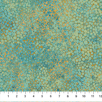 Aqua and gold pebble textured wide backing fabric with metallic shimmer by Northcott Fabrics