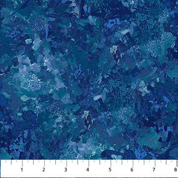 Deep blue and teal abstract textured wide backing fabric with painterly design