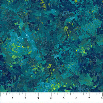 Peacock teal and blue abstract textured wide backing fabric with painterly design