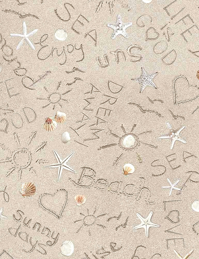 Water's Edge Writing On Sand fabric featuring seashells starfish and beach messages on sandy background