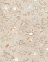 Water's Edge Writing On Sand fabric featuring seashells starfish and beach messages on sandy background