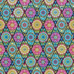 Pink mandala quilting fabric featuring colorful geometric floral medallions in turquoise, aqua, yellow, and lime green by Blank Quilting.