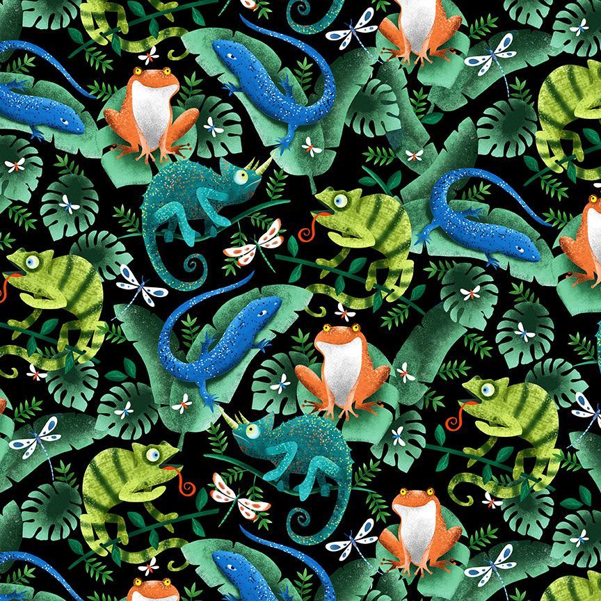 Pint-Sized Pets fabric by Timeless Treasures featuring colorful geckos, frogs, chameleons, blue lizards, dragonflies, and green tropical leaves on a black background.
