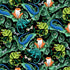 Pint-Sized Pets fabric by Timeless Treasures featuring colorful geckos, frogs, chameleons, blue lizards, dragonflies, and green tropical leaves on a black background.