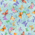 Pastel watercolor butterflies scattered across a soft sky blue background on Love Spell quilting cotton fabric by Chong-A Hwang for Timeless Treasures.