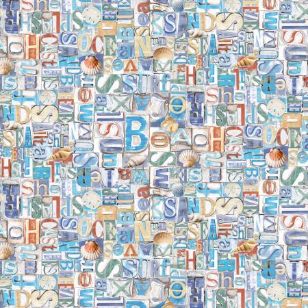 Coastal cotton fabric featuring beach-themed words, seashells, sand dollars, and nautical typography in blue, tan, and white tones.