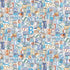 Coastal cotton fabric featuring beach-themed words, seashells, sand dollars, and nautical typography in blue, tan, and white tones.