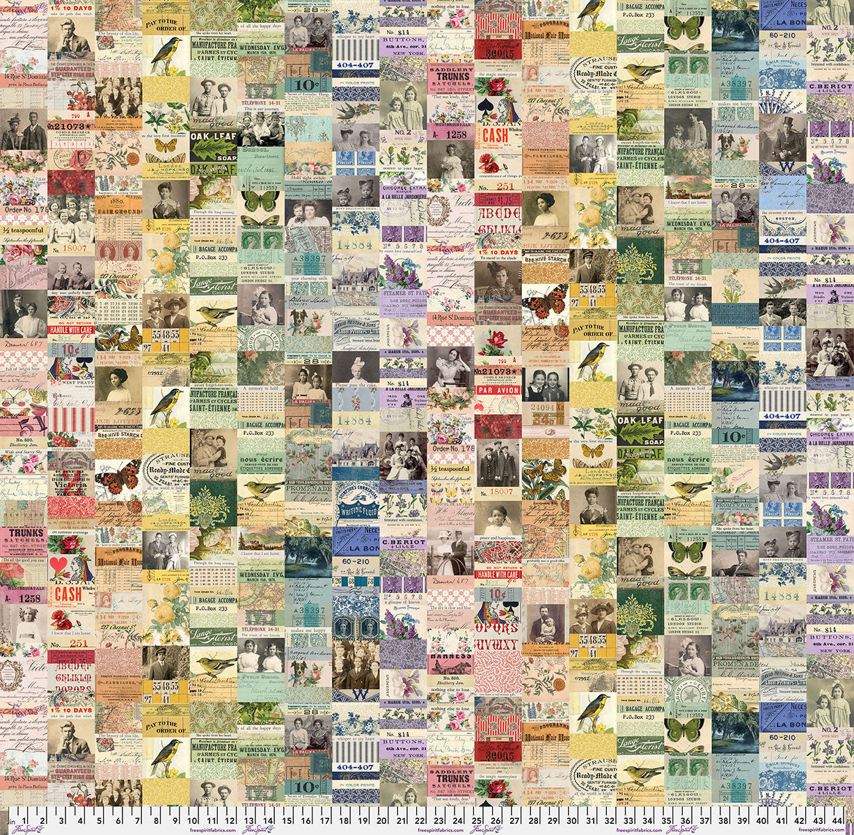 Tim Holtz Palette Multi Collage cotton canvas fabric featuring vintage photographs, botanical illustrations, birds, butterflies, stamps and antique ephemera.
