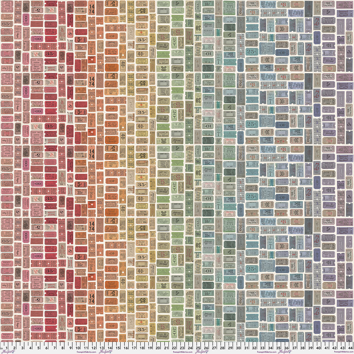 Tim Holtz Palette Multi Tickets cotton canvas fabric featuring colorful vintage admission tickets, carnival tickets, theater stubs and antique paper ephemera.