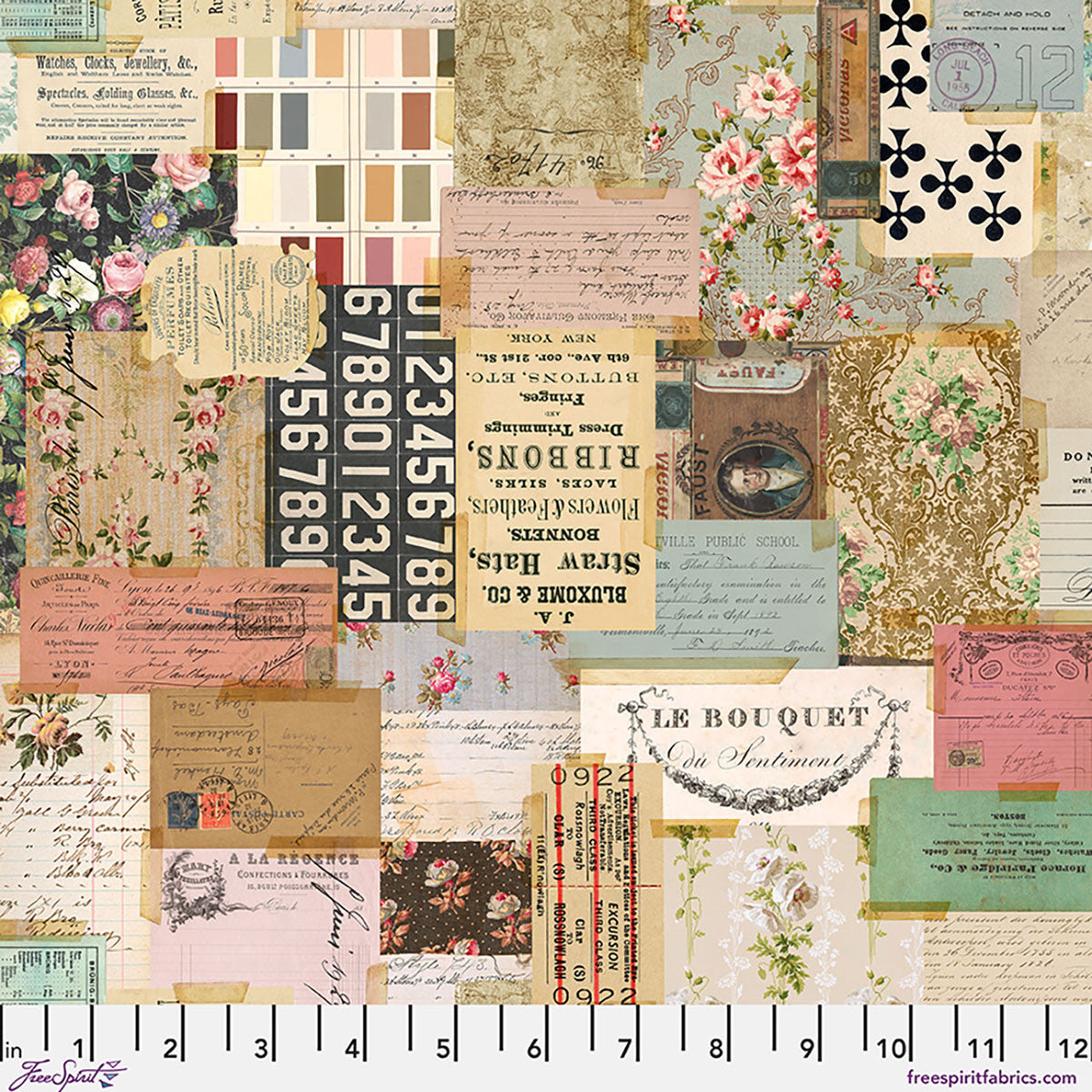 Tim Holtz Palette Multi Ephemera cotton canvas fabric featuring vintage letters, florals, tickets, postcards, antique papers and nostalgic collage artwork.