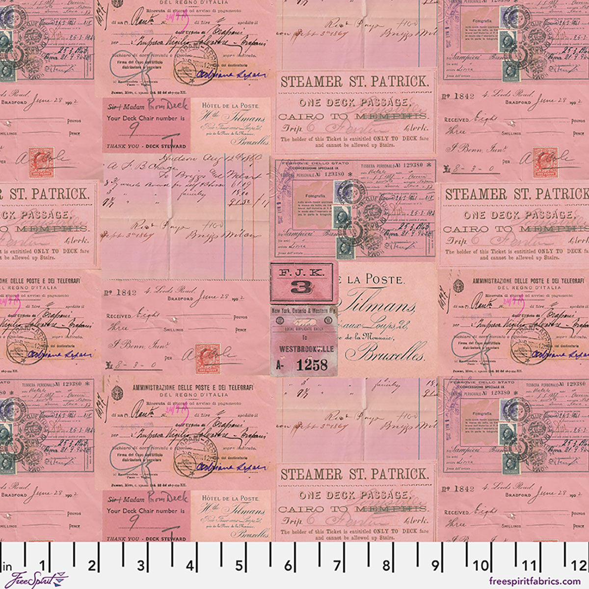 Tim Holtz Palette Pink Ephemera cotton canvas fabric featuring vintage postcards, handwritten letters, travel tickets, postal stamps and antique paper collage in soft pink tones.