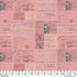 Tim Holtz Palette Pink Ephemera cotton canvas fabric featuring vintage postcards, handwritten letters, travel tickets, postal stamps and antique paper collage in soft pink tones.
