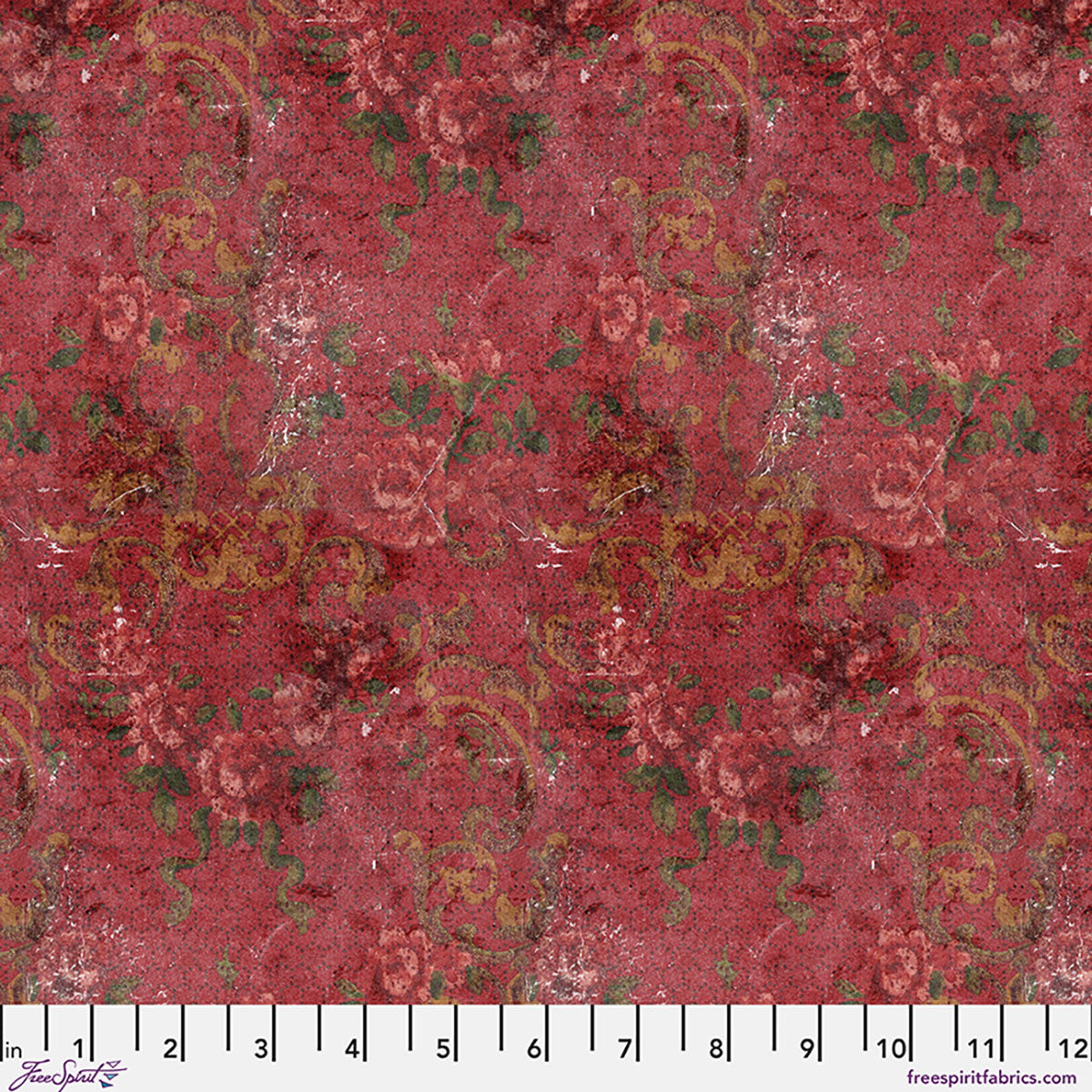 Tim Holtz Palette Red Tapestry cotton canvas fabric featuring distressed vintage florals, ornate scrolling damask motifs, and textured antique red backgrounds for bags, home décor, and apparel.