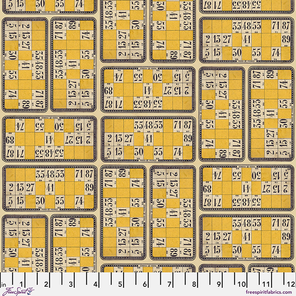 Tim Holtz Palette Yellow Numbers cotton canvas fabric featuring vintage yellow number cards with black typography arranged in a repeating collage pattern by FreeSpirit Fabrics.