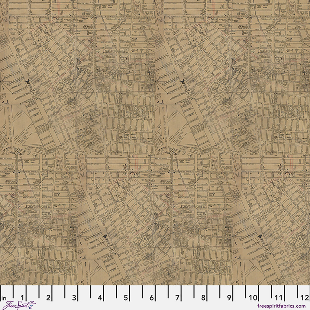 Tim Holtz Palette Neutral Map cotton canvas fabric featuring an antique city street map printed in distressed neutral beige and brown tones by FreeSpirit Fabrics.