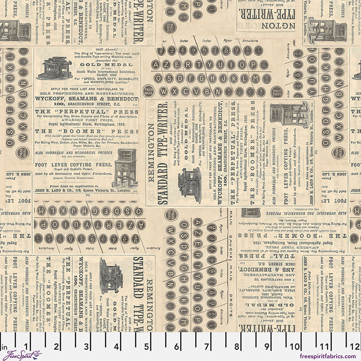 Tim Holtz Palette Neutral Typewriter cotton canvas fabric featuring antique typewriter keys, vintage printing press advertisements, and typography in neutral beige and charcoal tones by FreeSpirit Fabrics.