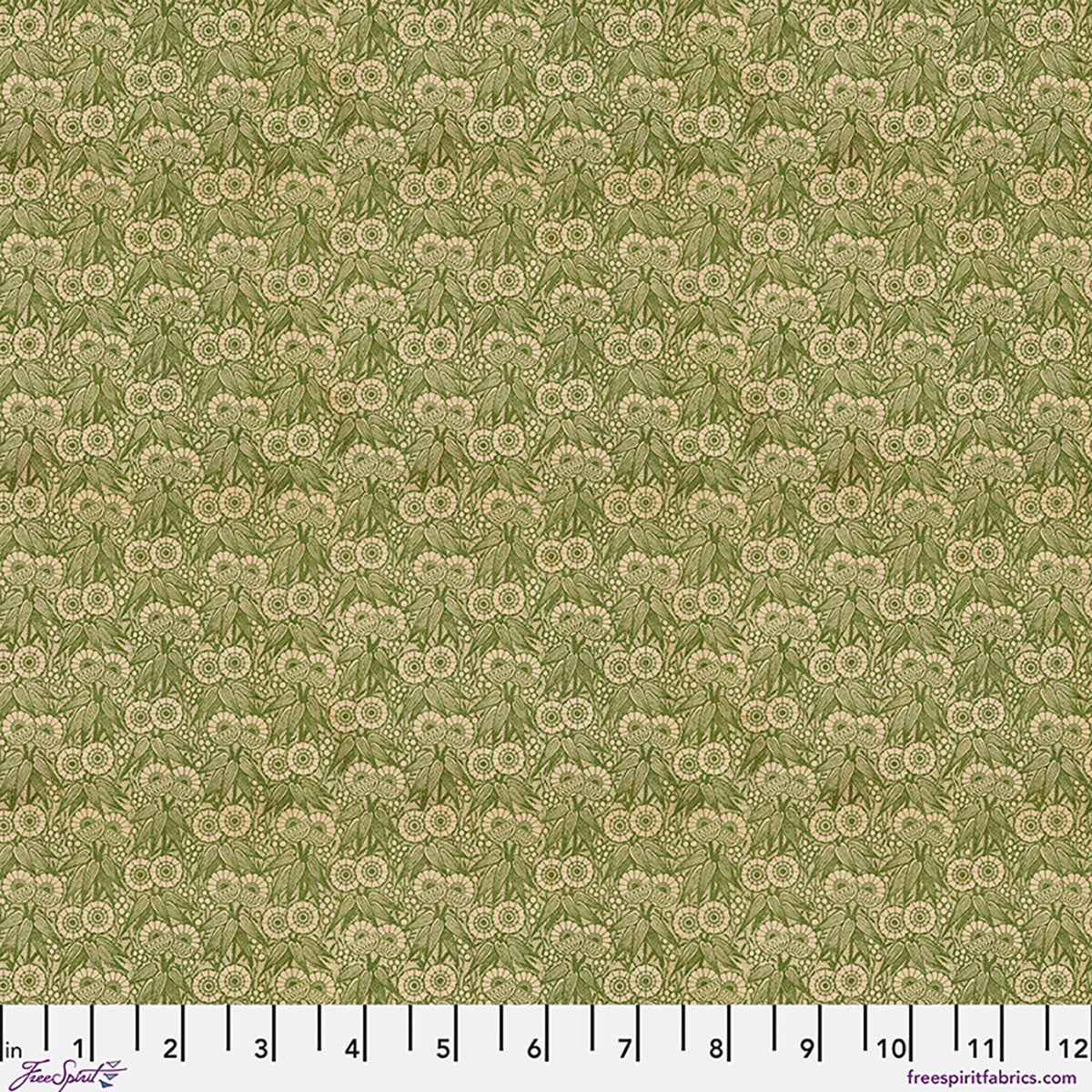 Tim Holtz Palette Green Tiny Print cotton canvas fabric featuring an intricate vintage botanical floral pattern in olive green on a cream background by FreeSpirit Fabrics.