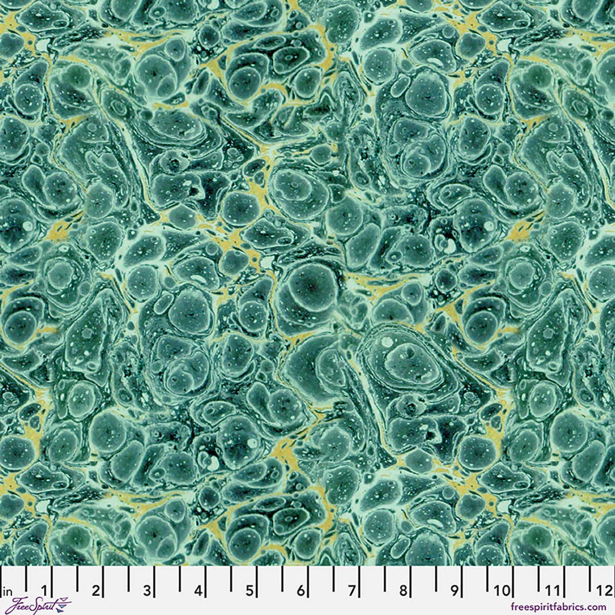 Tim Holtz Palette Teal Marble cotton canvas fabric featuring an organic marbled design in teal, aqua, sage, and cream tones by FreeSpirit Fabrics.