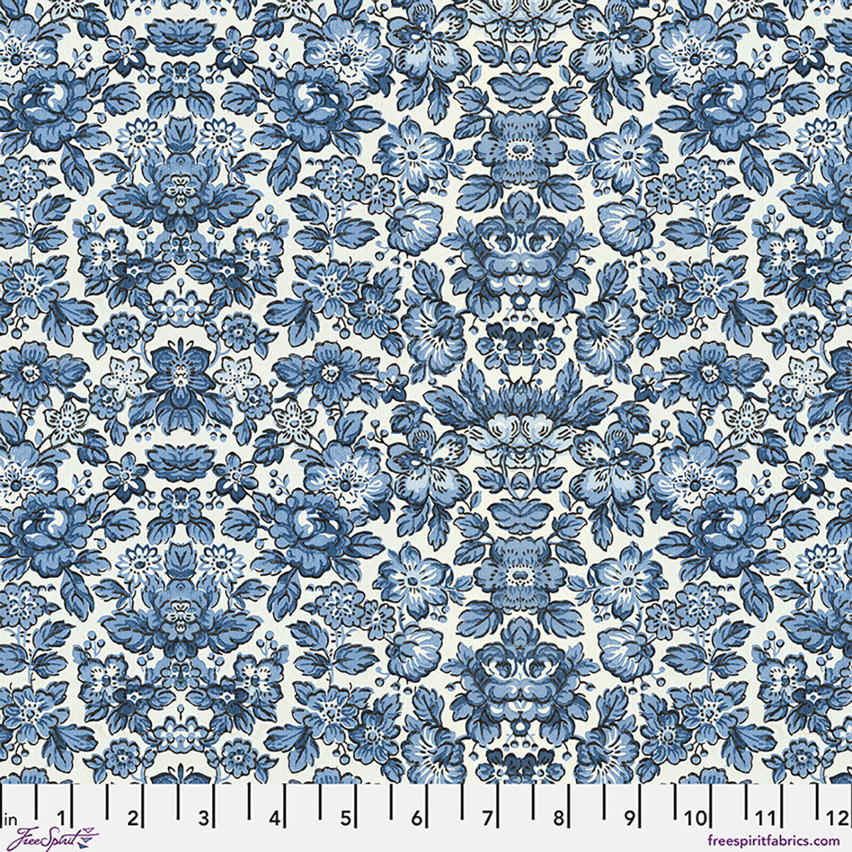 Tim Holtz Palette Indigo Wallpaper cotton canvas fabric featuring an elegant vintage floral wallpaper pattern in indigo blue on a cream background by FreeSpirit Fabrics.