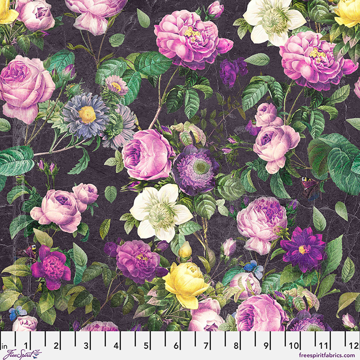 Tim Holtz Palette Purple Flower Shop cotton canvas fabric featuring vintage roses, peonies, and botanical flowers in purple, pink, cream, and yellow on a charcoal background by FreeSpirit Fabrics.