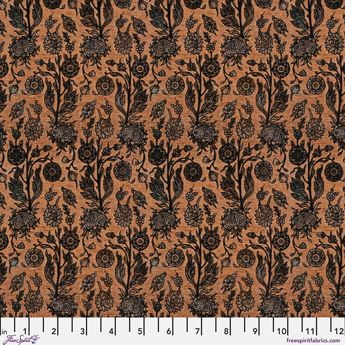 Tim Holtz Halloween Gothic Tapestry cotton canvas fabric featuring intricate black vintage floral botanical illustrations on a warm pumpkin-orange background.