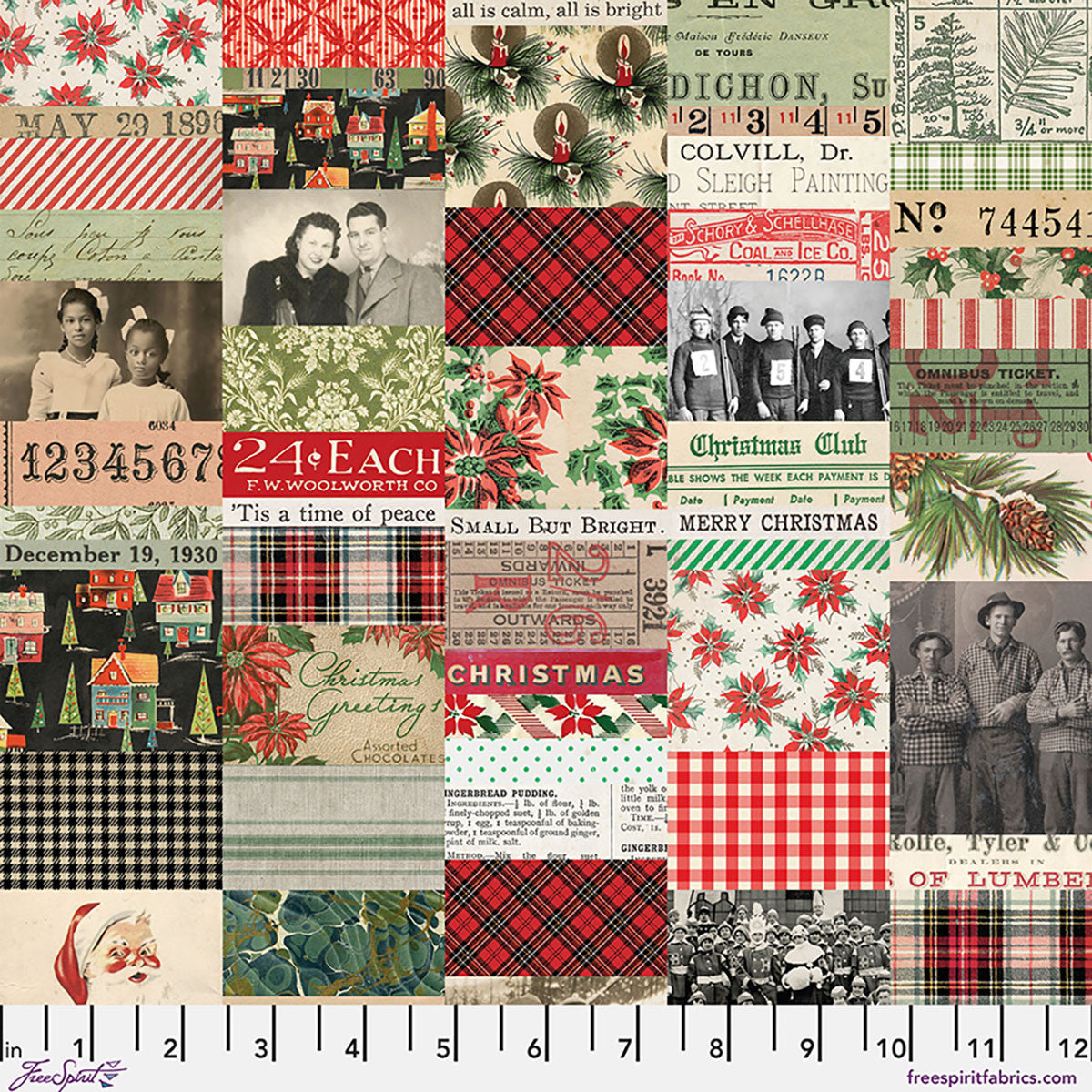 Tim Holtz Christmas Collage cotton canvas fabric featuring vintage Christmas patchwork with poinsettias, plaid, holiday typography, antique photographs, evergreen branches, and festive ephemera.