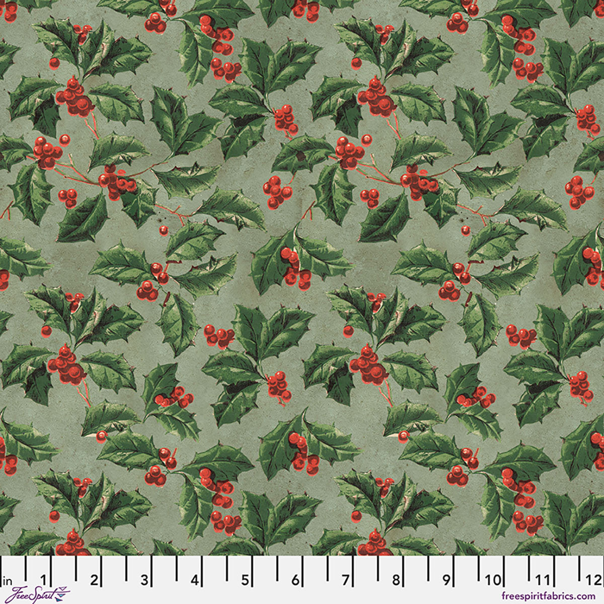 Tim Holtz Christmas Holly cotton canvas fabric featuring vintage holly leaves and bright red berries on a soft sage green background.