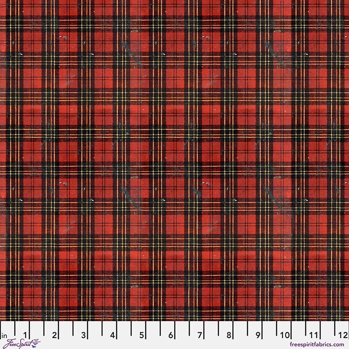 Tim Holtz Christmas Worn Plaid cotton canvas fabric featuring a distressed vintage red tartan plaid pattern with black, brown, and golden accents.