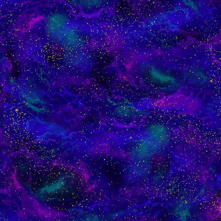 Cosmos Galaxy Cosmic Sky Metallic Fabric by Chong-A Hwang for Timeless Treasures, cotton fabric with shimmering metallic galaxy print for quilting and sewing projects.
