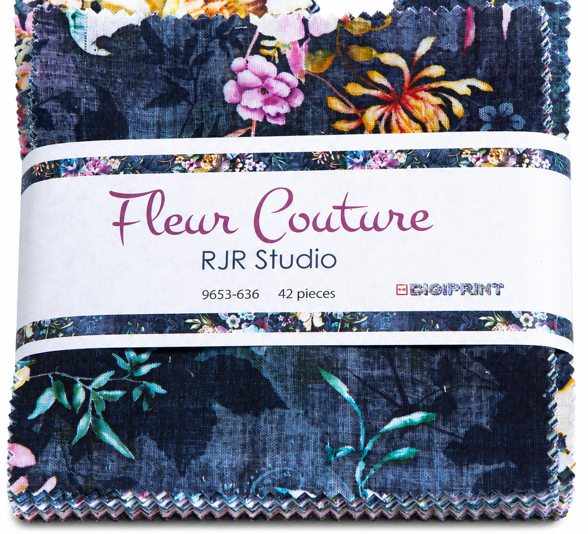 Fleur Couture Digiprint 5-inch charm pack by RJR Studio featuring 42 dark navy and colorful floral cotton fabric squares.