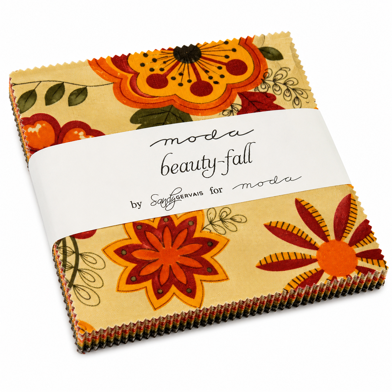 Beauty-Fall Charm Pack by Sandy Gervais for Moda Fabrics featuring 42 coordinated 5-inch cotton fabric squares with autumn florals, leaves, berries, and seasonal prints in warm fall colors.