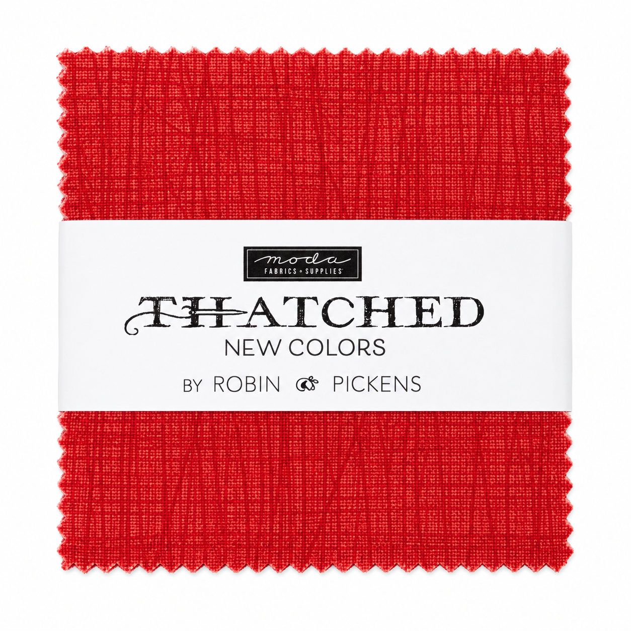 Thatched New Colors Charm Pack by Robin Pickens for Moda Fabrics featuring 42 coordinated 5-inch cotton fabric squares with linen-inspired textured prints in vibrant blues, reds, greens, purples, and neutral shades for quilting and sewing.