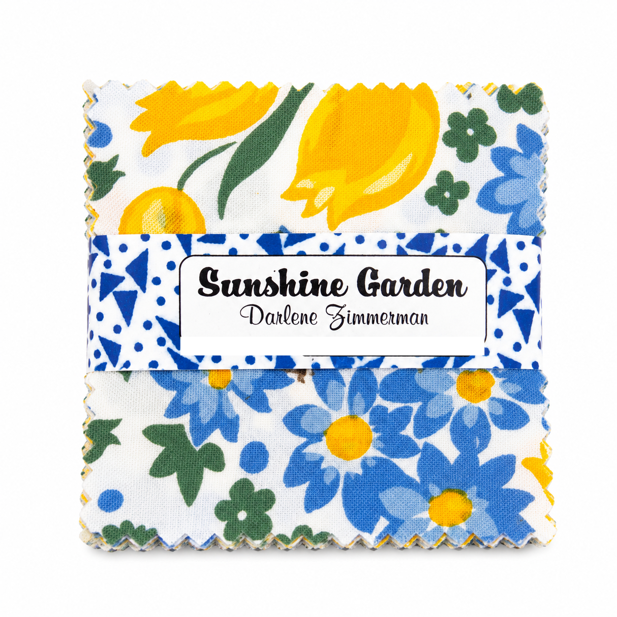 Sunshine Garden Mini Charm Pack by Darlene Zimmerman for Robert Kaufman Fabrics featuring 42 premium 2.5-inch cotton fabric squares with yellow tulips, blue daisies, floral prints, and coordinating blue, yellow, green, and white designs.