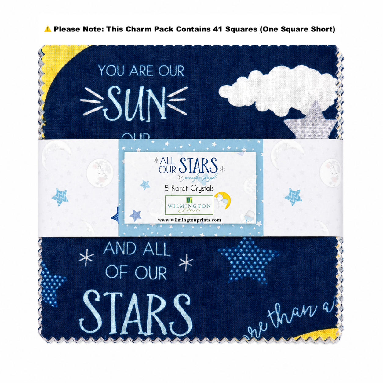All Our Stars 5 Karat Crystals Charm Pack by Jennifer Pugh for Wilmington Prints, 41-piece precut fabric bundle featuring blue, yellow, gray, moon, star, cloud, and inspirational quilting cotton prints.