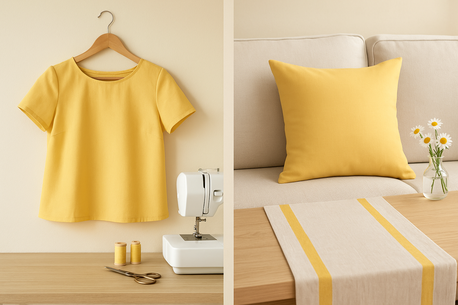 A soft yellow cotton blouse made from Bella Solids Buttercup Fabric by Moda Fabrics hangs on a wooden hanger beside sewing tools in a bright sewing studio. A home décor scene featuring a yellow throw pillow and coordinating table runner made from Bella Solids Buttercup Fabric by Moda Fabrics, styled with daisies on a beige sofa.